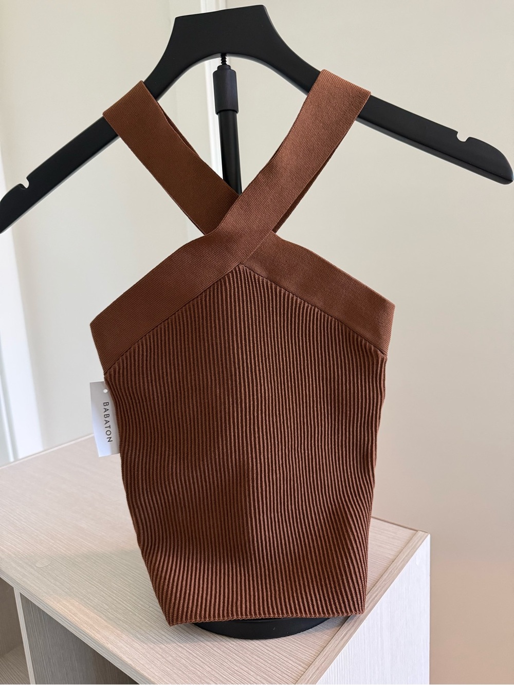 Babaton Chocolate Ribbed Crossback Tank Top, Size XS